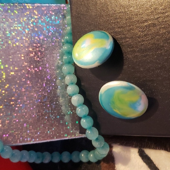 Aquamarine Glass Beaded Necklace and Matching Earrings & Vintage Gold Earrings - Picture 1 of 6